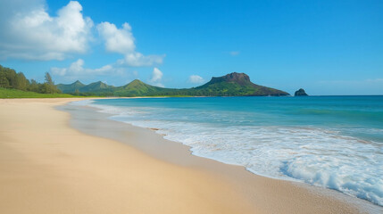 Tropical Sandy Beach with Soft Blue Ocean Waves and Clear Water 