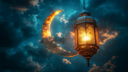 Obraz premium Ramadan Banner Design with Clouds, Stars