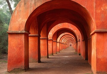 Fototapeta premium Stunning Architectural Arches of an Ancient Structure Surrounded by Lush Greenery, Creating a Unique Perspective and Vibrant Visual Depth in an Outdoor Setting