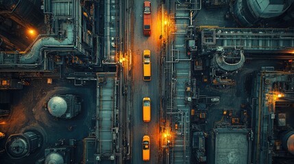 Aerial view of an industrial area with illuminated streets and vehicles.