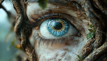 Blue eye surrounded by organic twisted roots and lush green foliage, surreal nature fusion, hyperrealistic textures, mystical atmosphere