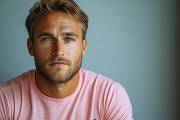 Fototapeta premium Close-up portrait of a man with blue eyes and a light pink shirt against a neutral background.