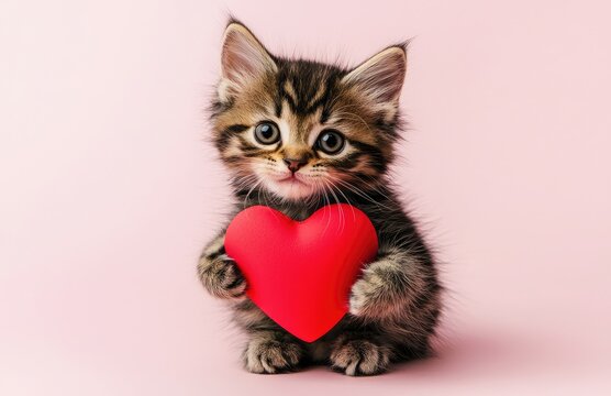 A fluffy kitten holding a bright red heart on a pastel pink background, exuding love and charm. Perfect for Valentine’s Day designs, pet promotions, and romantic themes