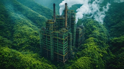 Obraz premium Aerial view of an industrial complex surrounded by lush greenery, emitting smoke.