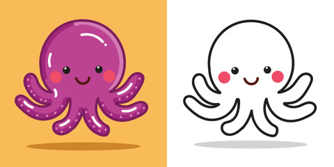A cute octopus doll cartoon illustration for sticker, design element, or coloring book element