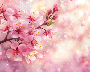 Blooming Pastel Cherry Blossom Branch with Falling Petals , Pastel Cherry Blossom Branch on Soft Pink Gradient , Cherry Blossom Branch with Gentle Falling Petals