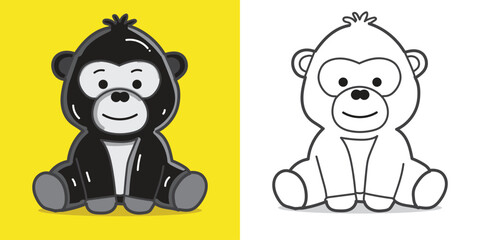 A cute gorilla doll cartoon illustration for sticker, design element, or coloring book element