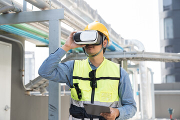 Male engineer using virtual reality headset at construction site. Male plumber wearing virtual...