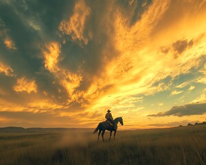 Lone cowboy on horseback silhouetted against a vibrant horizon, dramatic textured sky filled with billowing clouds, cinematic Western scene