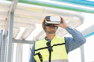 Male engineer using virtual reality headset at construction site. Male plumber wearing virtual...