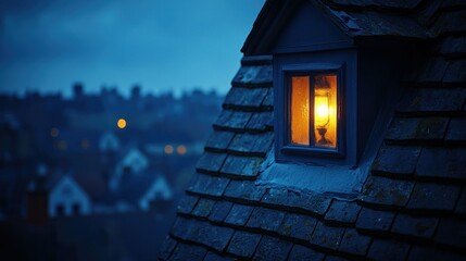 Lit attic window in a dark, shingled roof overlooking a twilight town