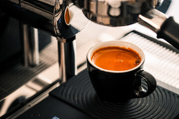 4K Pouring coffee stream from professional machine in cup. Barista man making double espresso, using filter holder. Flowing fresh ground coffee. Drinking roasted black coffee in the morning.	
