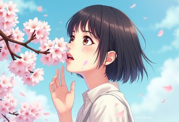 Fototapeta premium 雑誌の表紙 短い髪 アジアの女の子 白とピンクの桜 青空 柔らかな雲 新鮮で穏やかな エディトリアル ファッションスタイル 