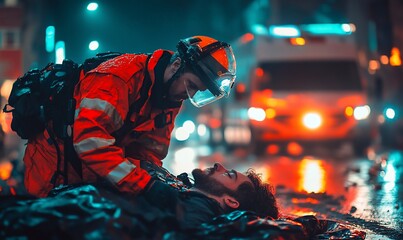 Fototapeta premium Nighttime emergency rescue, city street, paramedic aiding injured man, ambulance in background