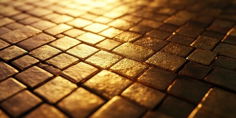 A large, golden tile floor with a shiny, reflective surface. The tiles are arranged in a checkered pattern, creating a visually striking and elegant design. Scene is one of luxury and sophistication