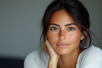 A young woman with a serene expression, resting her chin on her hand, exuding calmness.