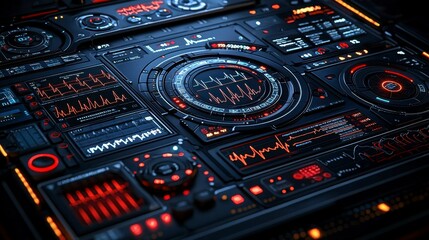 Obraz premium Dynamic infographic of health monitoring systems featuring connected devices, medical charts, and real-time tracking of patient information with data graphs