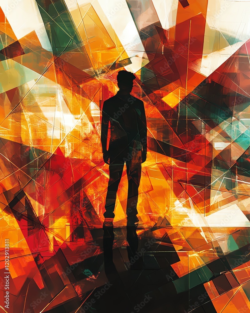 Poster standing silhouette enveloped by intersecting arrows, chaotic artistic patterns in vibrant abstract 