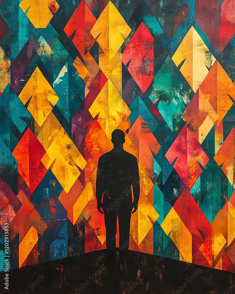 Poster standing silhouette in a storm of intersecting arrows, artistic chaos and vibrant abstract patterns,