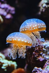 Two glowing jellyfish with white dots, swimming in orange coral reef background