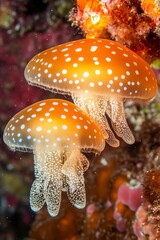 Two glowing jellyfish with white dots, swimming in orange coral reef background