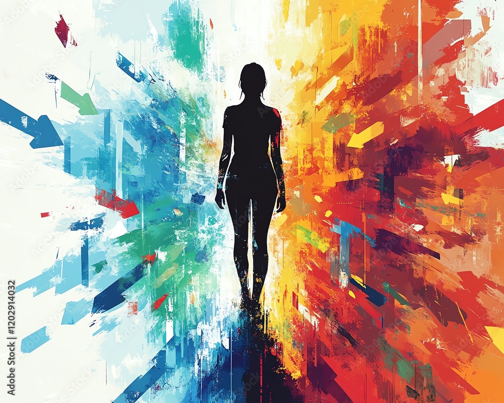 Poster standing silhouette surrounded by intersecting arrows and artistic chaos, vibrant abstract graphic a