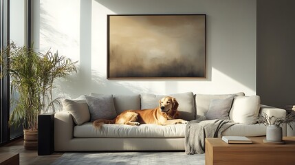 Golden retriever relaxing in modern living room cozy home environment