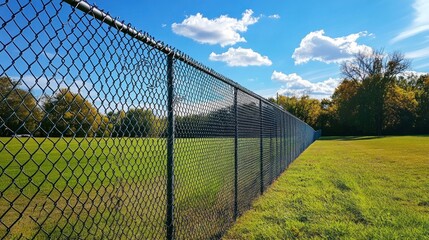 Chain Link Fence Enclosing a Verdant Field Under a Bright Blue Sky