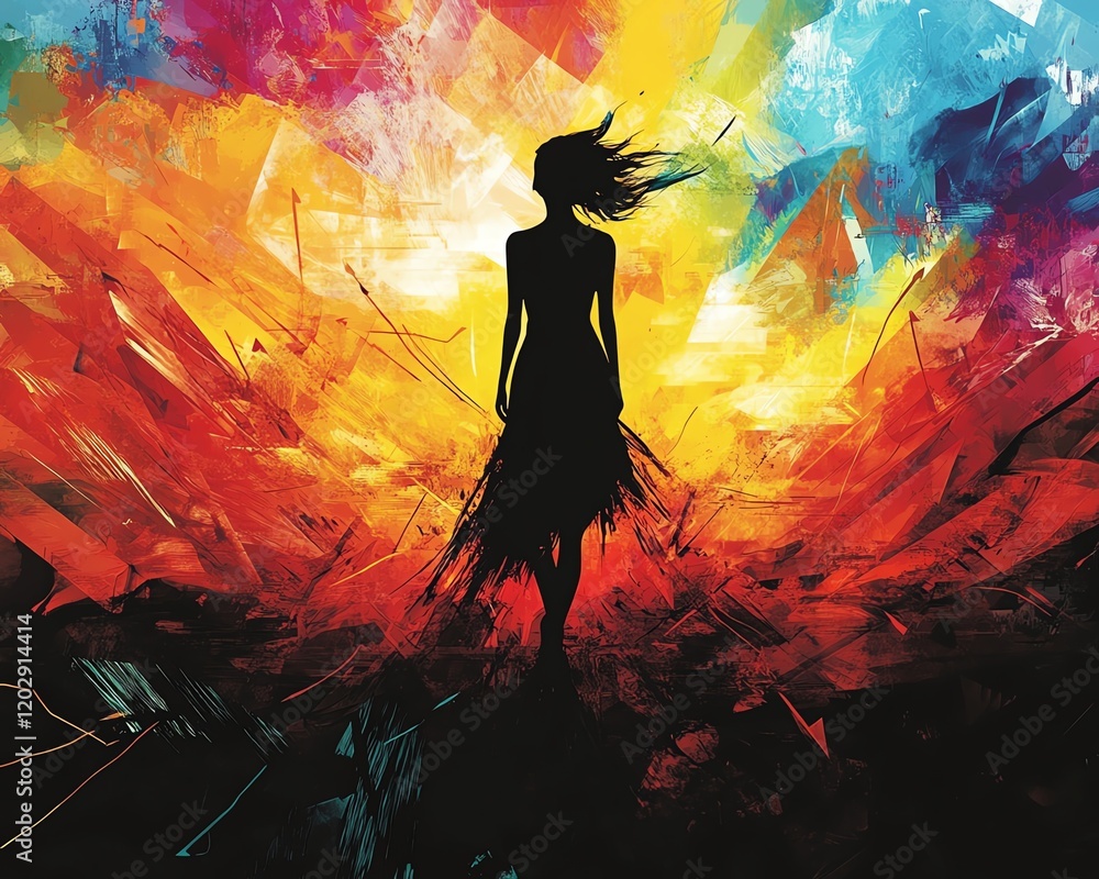 Poster silhouette standing in a field of intersecting arrows, amidst artistic chaos, vibrant abstract graph