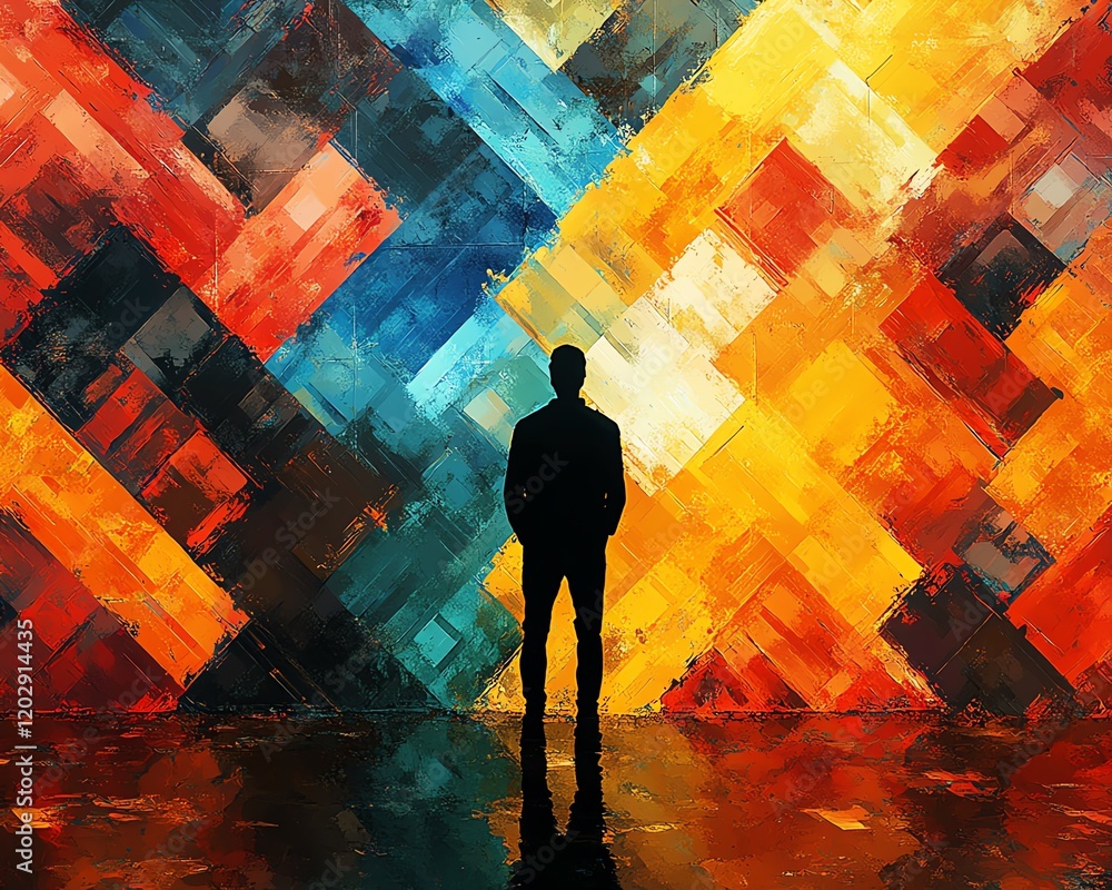 Poster silhouette standing in a field of intersecting arrows, amidst artistic chaos, vibrant abstract graph