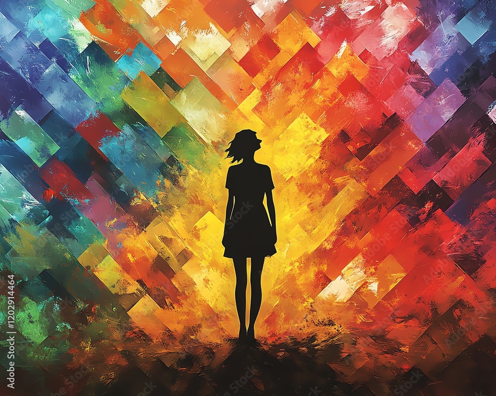 Poster silhouette standing in a field of intersecting arrows, amidst artistic chaos, vibrant abstract graph