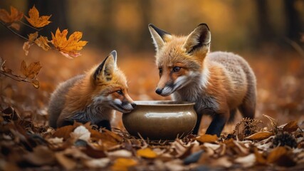 Fototapeta premium Two foxes curiously inspecting a bowl amidst autumn leaves.
