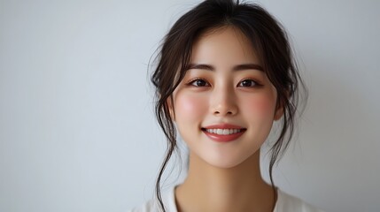 Cheerful young woman portrait studio setting photography bright atmosphere