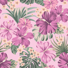  seamless pattern Exotic   wallpaper of tropical flowers  green leaves of palm trees , hibiscus, artwork for fabrics, souvenirs, packaging, greeting cards 