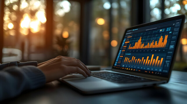 Analyzing financial data on a laptop at sunset