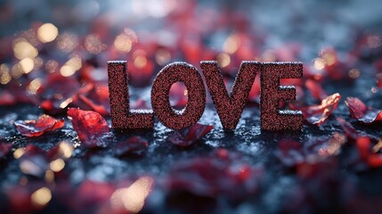 Love sign amidst petals on sparkling surface with bokeh background
