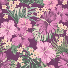  seamless pattern Exotic   wallpaper of tropical flowers  green leaves of palm trees and flowers bird of paradis, hibiscus, artwork for fabrics, souvenirs, packaging, greeting cards 