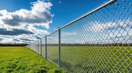 Chain Link Fence Stretching Across a Lush Green Field Under a Blue Sky