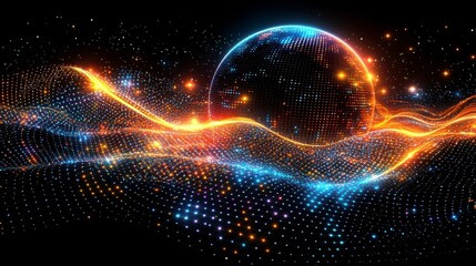 A black gradient background infused with colorful light leaks from a disco ball, overlaid with soft, flowing neon ribbons in a vibrant double exposure style.