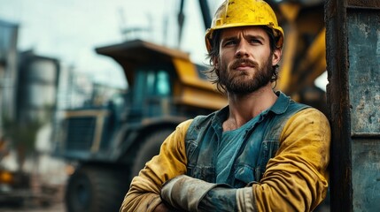 Construction Worker Posing Near Heavy Machinery