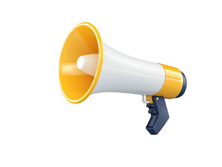 Closeup of a yellow and white megaphone against simple black background