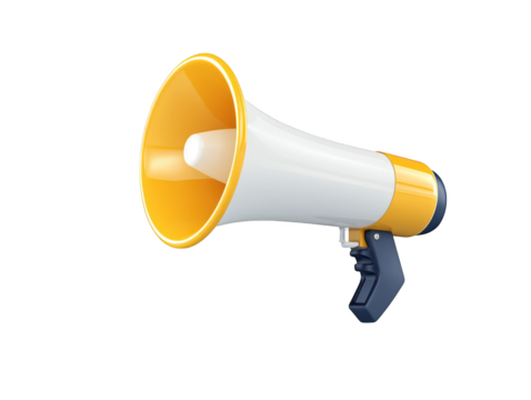 Closeup of a yellow and white megaphone against simple black background