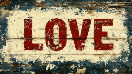 Love painted on rustic wooden planks, weathered background