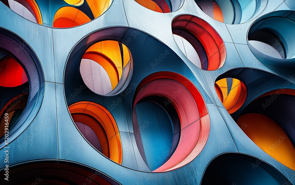 Poster Abstract colorful circular pattern on a building facade.