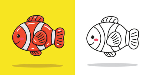 A cute clownfish doll cartoon illustration for sticker, design element, or coloring book element
