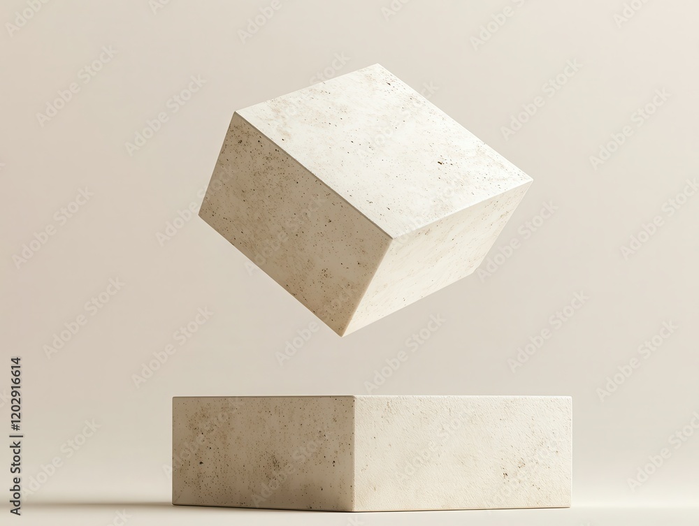 Poster floating concrete cube above rectangular base