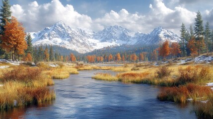 Obraz premium Autumn River, Snowy Mountains, Scenic Wallpaper