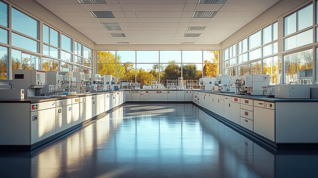 Bright, modern laboratory with large windows and clean surfaces for scientific research and experimentation.
