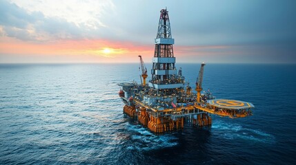 Obraz premium A breathtaking sunset sky behind an offshore oil drilling platform near Orange County, California, with rich colors of red, orange, and yellow reflecting off the ocean waves.