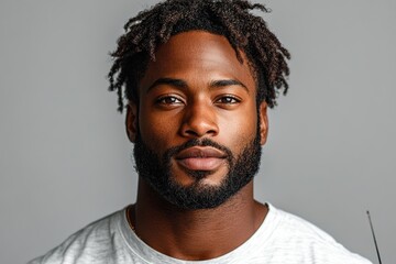 Obraz premium A portrait of a confident man with a beard and dreadlocks, set against a neutral background.